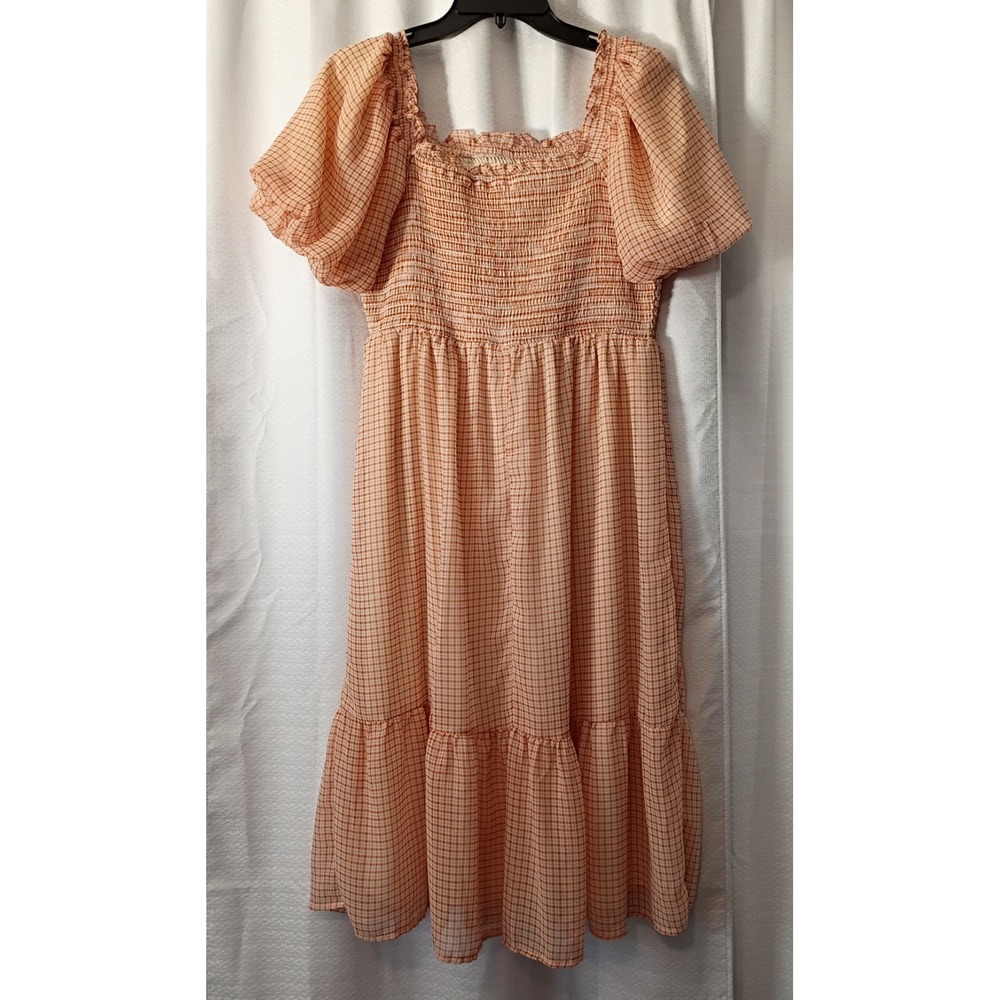 LC Lauren Conrad Peach Orange White Gingham Cottagecore Chiffon Dress Large - Picture 2 of 14